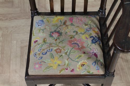 ANTIQUE GEORGIAN COUNTRY MADE DARK ELM TAPESTRY SEATED SLAT BACK CORNER CHAIR - ADDITIONAL PHOTO 8