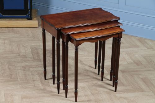 fig 1. Antique 1920's Nest of Three Hepplewhite Revival Solid Mahogany Reeded Tables