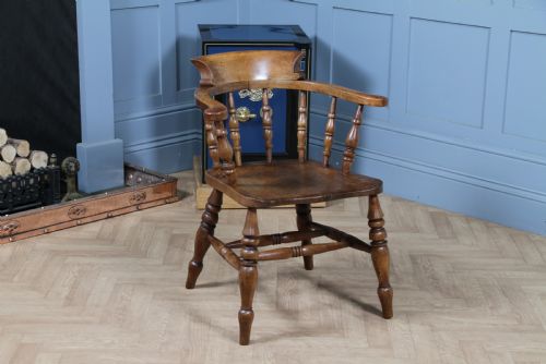fig 1. Original Antique Victorian Ash & Elm Smokers Bow Elbow Chair Captains Armchair