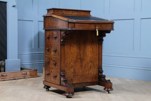fig 3. Original Antique Victorian Walnut 4 Drawer Davenport Desk Inlaid Restored C1850