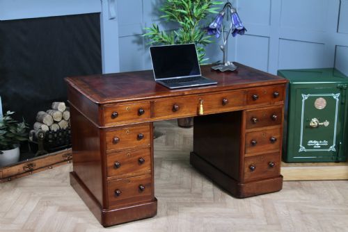 Antique Victorian Curved Front Mahogany 9 Drawer Twin Pedestal Leather Top Writing Desk 1870