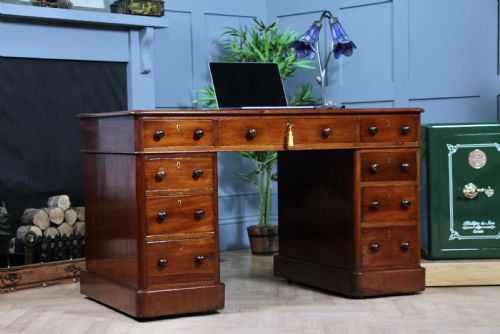 fig 1. Antique Victorian Curved Front Mahogany 9 Drawer Twin Pedestal Leather Top Writing Desk 1870