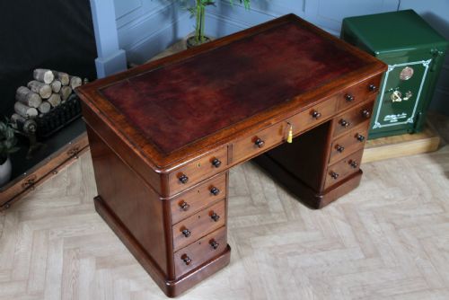 fig 2. Antique Victorian Curved Front Mahogany 9 Drawer Twin Pedestal Leather Top Writing Desk 1870