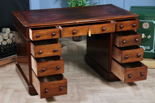 fig 3. Antique Victorian Curved Front Mahogany 9 Drawer Twin Pedestal Leather Top Writing Desk 1870
