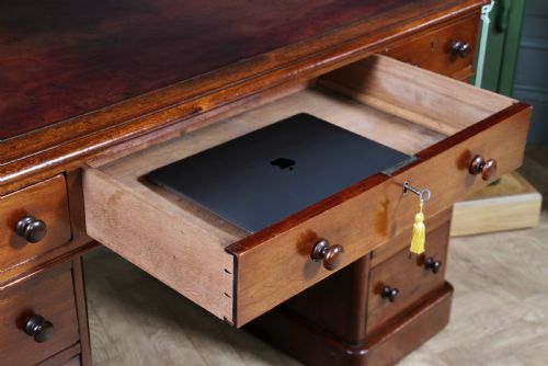 fig 4. Antique Victorian Curved Front Mahogany 9 Drawer Twin Pedestal Leather Top Writing Desk 1870