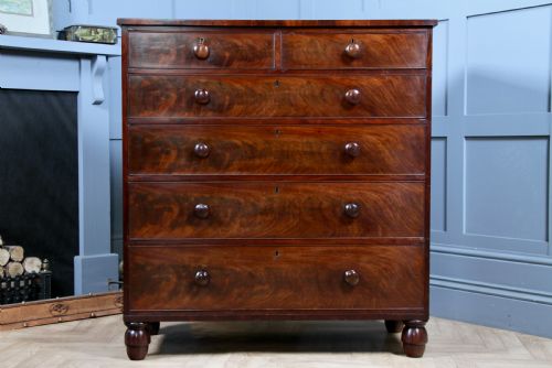 fig 1. Original Antique Early Victorian Flame Grain Mahogany Chest Bank of 6 Drawers