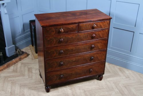fig 2. Original Antique Early Victorian Flame Grain Mahogany Chest Bank of 6 Drawers