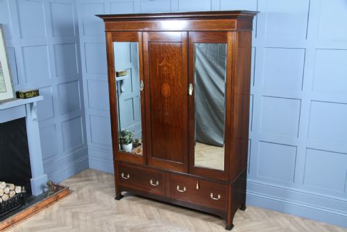 fig 1. Original Antique Edwardian Inlaid Mahogany Double Wardrobe With Drawers, Mirrors
