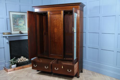 fig 3. Original Antique Edwardian Inlaid Mahogany Double Wardrobe With Drawers, Mirrors