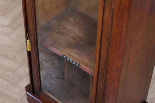 ANTIQUE VICTORIAN BURR YEW WOOD WALNUT INLAID GLAZED MUSIC SHEET CABINET C1880 - ADDITIONAL PHOTO 8