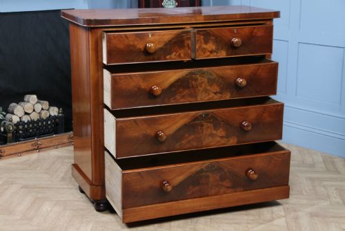 fig 1. Outstanding Original Antique Victorian Flame Grain Mahogany Chest of 5 Drawers C1870