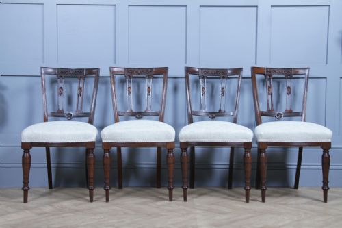 SET OF 4 ANTIQUE ORIGINAL EDWARDIAN CARVED WALNUT UPHOLSTERED DINING CHAIRS 1910 - ADDITIONAL PHOTO 1