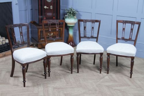SET OF 4 ANTIQUE ORIGINAL EDWARDIAN CARVED WALNUT UPHOLSTERED DINING CHAIRS 1910 - ADDITIONAL PHOTO 2