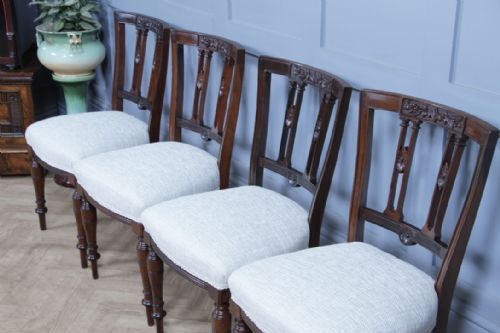 SET OF 4 ANTIQUE ORIGINAL EDWARDIAN CARVED WALNUT UPHOLSTERED DINING CHAIRS 1910 - ADDITIONAL PHOTO 4