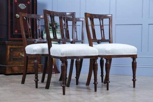 SET OF 4 ANTIQUE ORIGINAL EDWARDIAN CARVED WALNUT UPHOLSTERED DINING CHAIRS 1910 - ADDITIONAL PHOTO 5