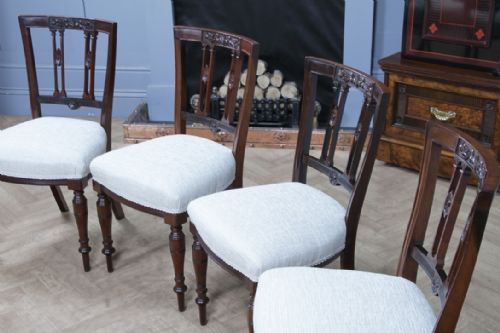 SET OF 4 ANTIQUE ORIGINAL EDWARDIAN CARVED WALNUT UPHOLSTERED DINING CHAIRS 1910 - ADDITIONAL PHOTO 9