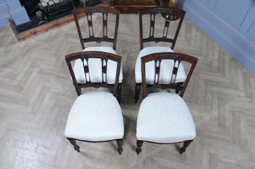 SET OF 4 ANTIQUE ORIGINAL EDWARDIAN CARVED WALNUT UPHOLSTERED DINING CHAIRS 1910 - ADDITIONAL PHOTO 11