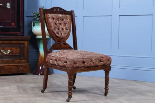 ANTIQUE EDWARDIAN CARVED WALNUT ORIGINAL UPHOLSTERY NURSING CHAIR C1890 - ADDITIONAL PHOTO 4