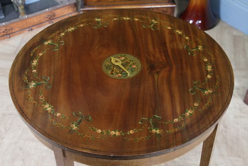 ANTIQUE EDWARDIAN MAHOGANY INLAID OCCASIONAL HALL LAMP TABLE PAINTED TOP C1890 - ADDITIONAL PHOTO 6