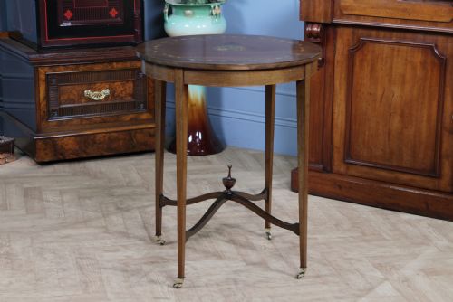 ANTIQUE EDWARDIAN MAHOGANY INLAID OCCASIONAL HALL LAMP TABLE PAINTED TOP C1890 - ADDITIONAL PHOTO 13