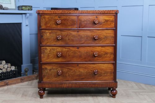 fig 1. Outstanding Original Antique Victorian Flame Grain Mahogany Chest of 5 Drawers on Turned Legs