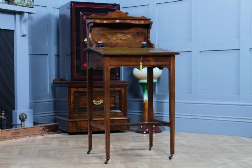 ANTIQUE SMALL ROSEWOOD WRITING DESK INLAID LADIES 'BONHEUR DU JOUR' LOCKABLE C1890 - ADDITIONAL PHOTO 3