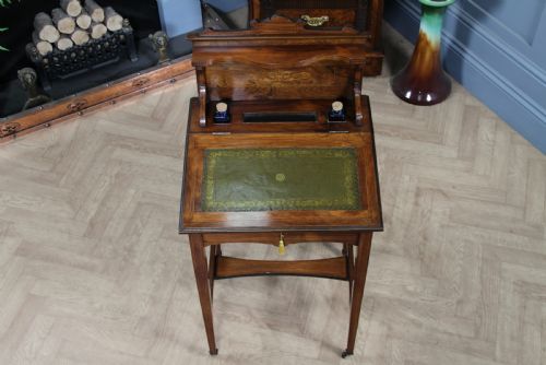ANTIQUE SMALL ROSEWOOD WRITING DESK INLAID LADIES 'BONHEUR DU JOUR' LOCKABLE C1890 - ADDITIONAL PHOTO 6