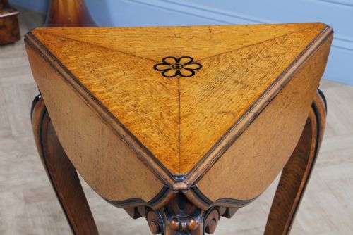 VICTORIAN AESTHETIC MOVEMENT OAK EBONY TRIFOLD DROP LEAF HANDKERCHIEF TABLE - ADDITIONAL PHOTO 4