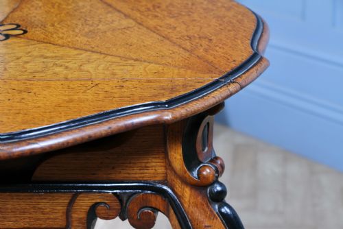 VICTORIAN AESTHETIC MOVEMENT OAK EBONY TRIFOLD DROP LEAF HANDKERCHIEF TABLE - ADDITIONAL PHOTO 6
