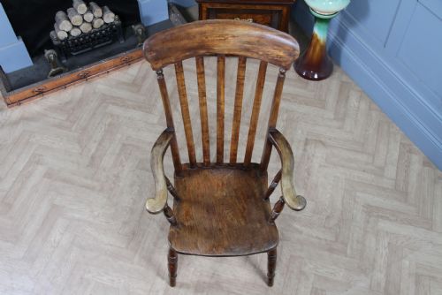 ANTIQUE ORIGINAL VICTORIAN ELM SEAT SPLAT LATHE BACK FIRESIDE ARM CHAIR C1880 - ADDITIONAL PHOTO 3