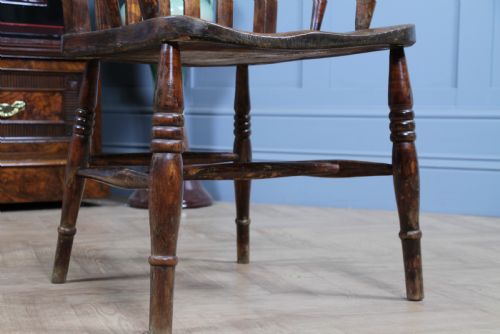 ANTIQUE ORIGINAL VICTORIAN ELM SEAT SPLAT LATHE BACK FIRESIDE ARM CHAIR C1880 - ADDITIONAL PHOTO 6