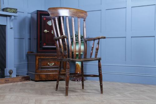 ANTIQUE ORIGINAL VICTORIAN ELM SEAT SPLAT LATHE BACK FIRESIDE ARM CHAIR C1880 - ADDITIONAL PHOTO 9