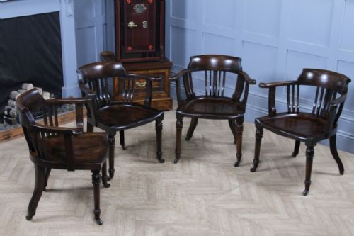 SET OF 4 ANTIQUE EDWARDIAN OAK CAPTAINS CHAIRS SMOKERS BOW DESK ARMCHAIRS C1910