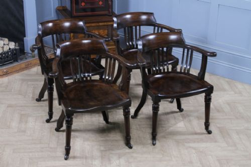 SET OF 4 ANTIQUE EDWARDIAN OAK CAPTAINS CHAIRS SMOKERS BOW DESK ARMCHAIRS C1910 - ADDITIONAL PHOTO 1
