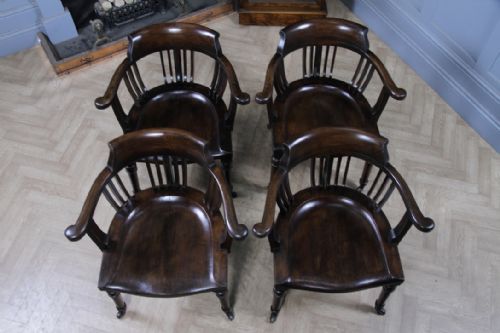 SET OF 4 ANTIQUE EDWARDIAN OAK CAPTAINS CHAIRS SMOKERS BOW DESK ARMCHAIRS C1910 - ADDITIONAL PHOTO 2