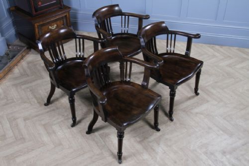 SET OF 4 ANTIQUE EDWARDIAN OAK CAPTAINS CHAIRS SMOKERS BOW DESK ARMCHAIRS C1910 - ADDITIONAL PHOTO 4