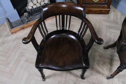 SET OF 4 ANTIQUE EDWARDIAN OAK CAPTAINS CHAIRS SMOKERS BOW DESK ARMCHAIRS C1910 - ADDITIONAL PHOTO 7