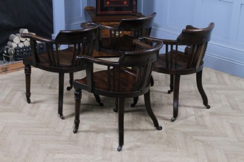 SET OF 4 ANTIQUE EDWARDIAN OAK CAPTAINS CHAIRS SMOKERS BOW DESK ARMCHAIRS C1910 - ADDITIONAL PHOTO 14