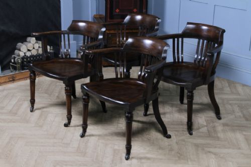 SET OF 4 ANTIQUE EDWARDIAN OAK CAPTAINS CHAIRS SMOKERS BOW DESK ARMCHAIRS C1910 - ADDITIONAL PHOTO 15