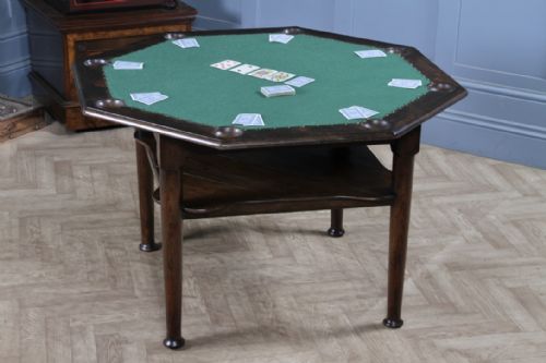 fig 1. Antique Edwardian Oak Octagonal Poker Table Games Card Table 8 Player Shelf 1910