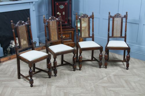 Set of 4 Antique Oak Jacobean Revival Cane Back Upholstered Dining Chairs C1920