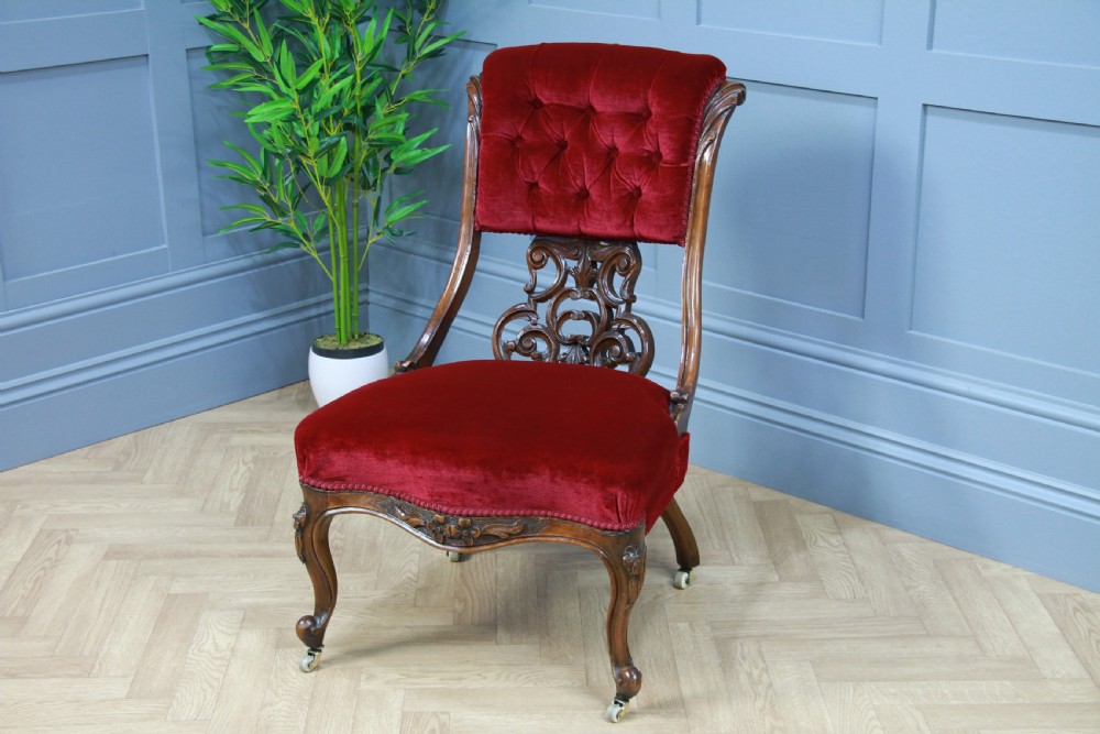 Antique Victorian Carved Fretwork Velvet Buttoned Back Walnut Nursing Chair 1860
