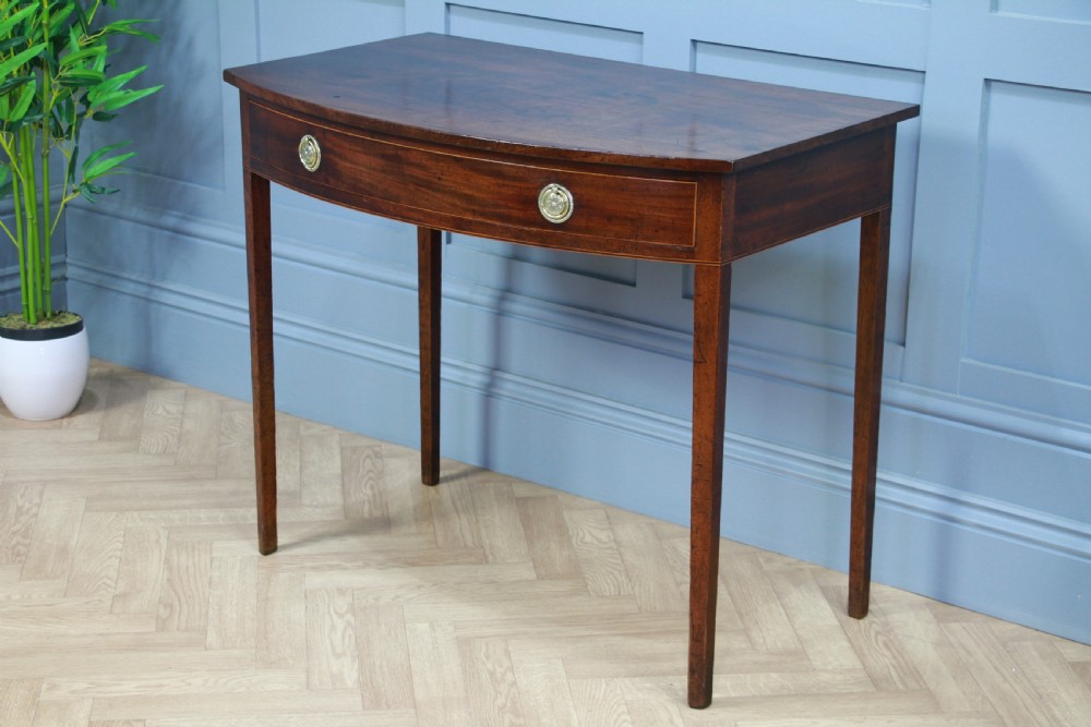 Antique Original Georgian Flame Grain Mahogany Bow Front 1 Drawer Side Table View II