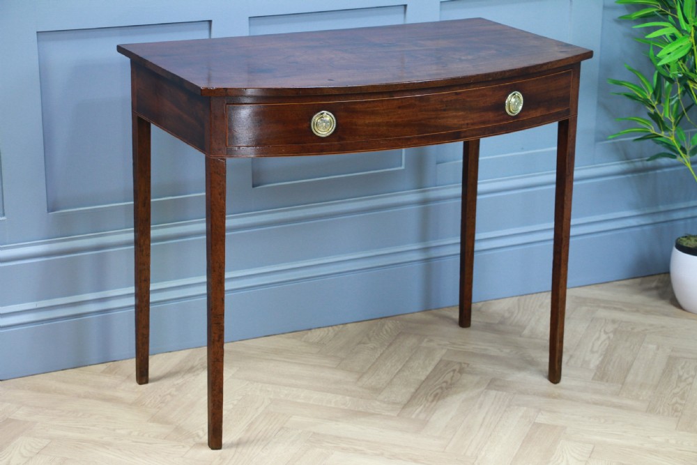 Antique Original Georgian Flame Grain Mahogany Bow Front 1 Drawer Side Table View IV