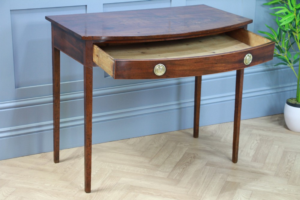 Antique Original Georgian Flame Grain Mahogany Bow Front 1 Drawer Side Table View V