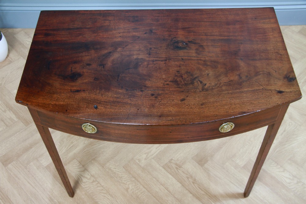 Antique Original Georgian Flame Grain Mahogany Bow Front 1 Drawer Side Table View XI