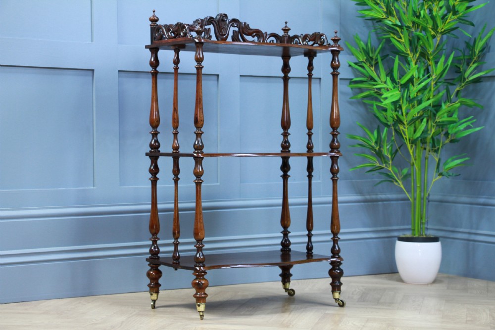 Rare Antique Late Georgian Solid Rosewood Carved 3 Tier What Not Display Shelf View IV