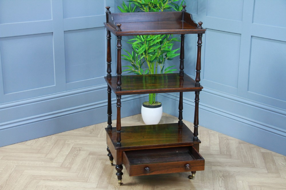 Rare Antique Late Georgian Rosewood 3 Tier What Not Display Shelf With Drawer View II