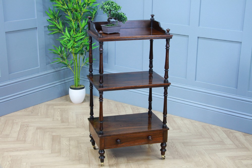 Rare Antique Late Georgian Rosewood 3 Tier What Not Display Shelf With Drawer View III