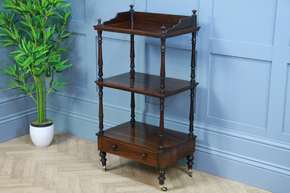 Rare Antique Late Georgian Rosewood 3 Tier What Not Display Shelf With Drawer View VI